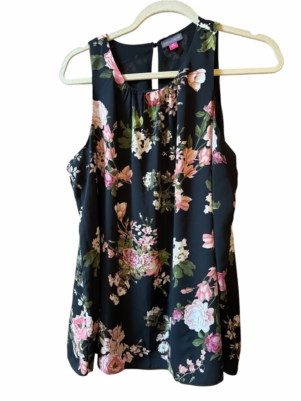 Floral Sleeveless Black blouse Tank Top with Pink Rose Print
